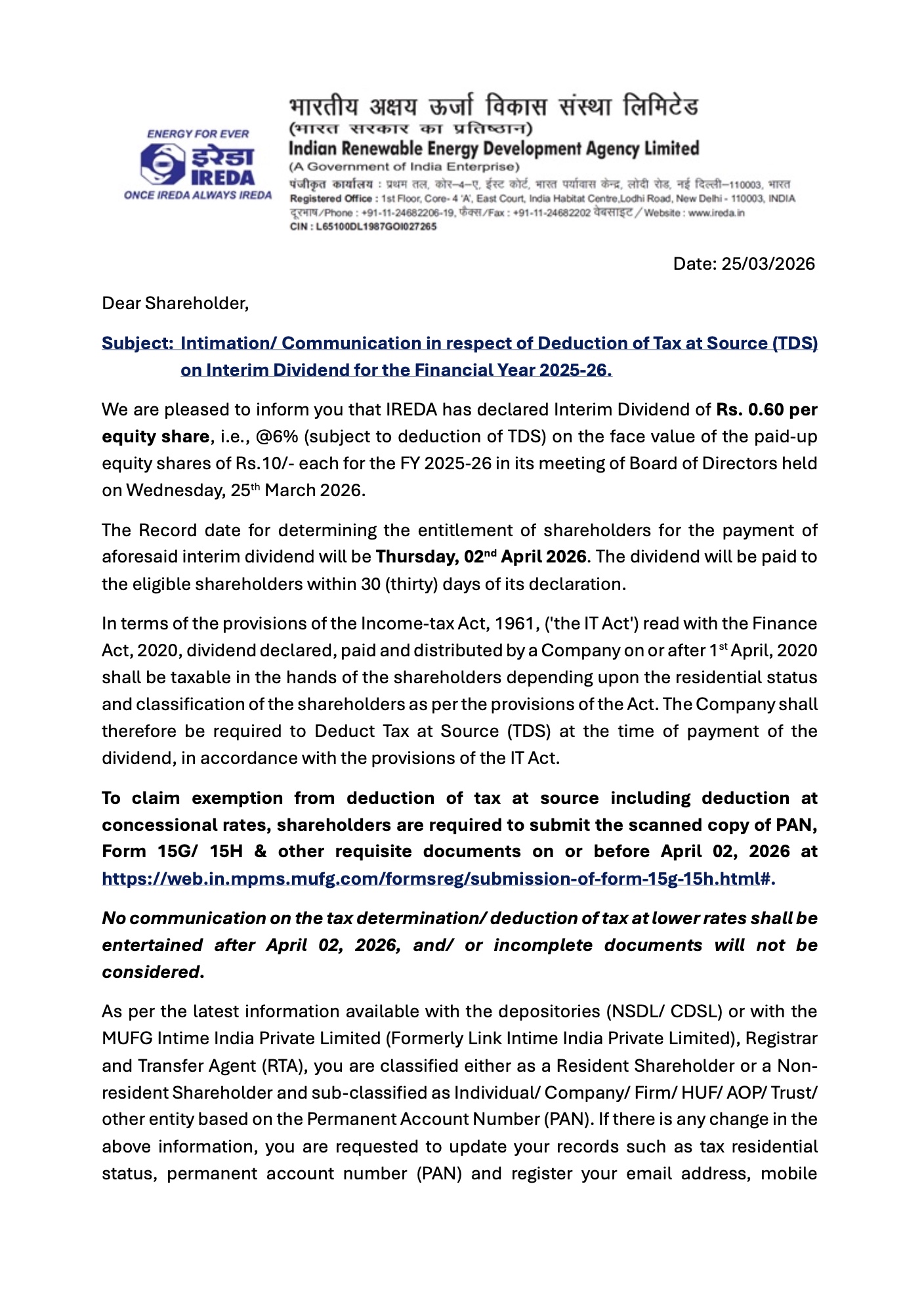 Communication on Deduction of Tax at Source on Interim Dividend for FY 2025-26